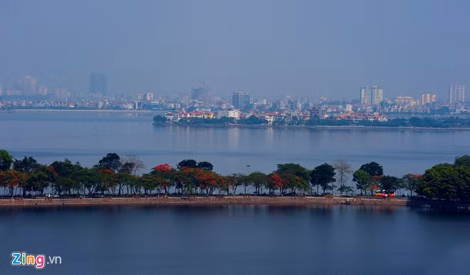 Mặt nước mênh mang đón những vạt nắng chiều dịu nhẹ từ phía hồ Tây xuyên qua những tán lá in bóng trên đường.