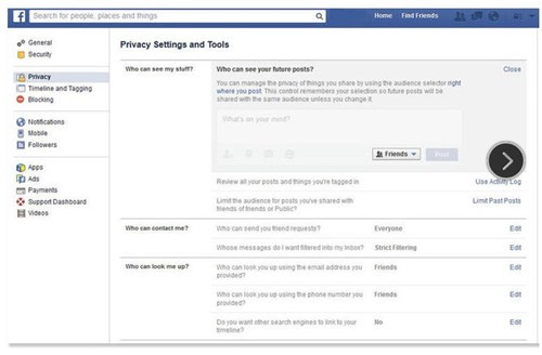 1. Kiểm soát ai có thể nhìn thấy bài viết của mình. Nguyên tắc là khi update bất cứ thứ gì lên mạng xã hội, như Facebook, bạn cần chắc chắn những ai có thể nhìn thấy thông tin. Bạn kích chuột vào Privacy (riêng tư), trong cửa sổ Private settings and Tools, mục What can see my stuff (Ai có thể thấy đăng tải của tôi?), bạn chọn đối tượng mà mình mong muốn.