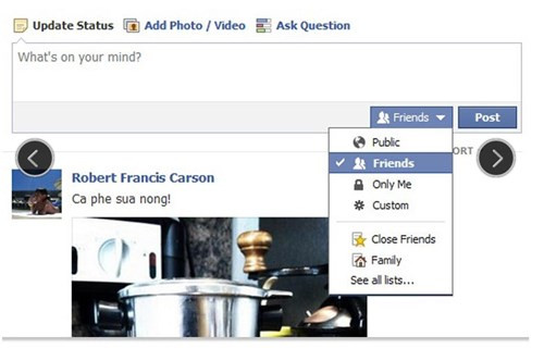 4. Chú ý thiết lập ngay trong 5 phút. Chính sách bảo mật của Facebook cho phép người dùng 5 phút để “post” (thông báo) có hiệu lực trên trang cá nhân, trong thời gian đó bạn có thể chỉnh sửa đối tượng được xem tin ngay trên status bằng cách tùy chỉnh vào ô ngay cạnh dòng chữ đăng.