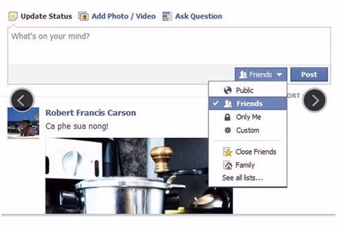  4. Chú ý thiết lập ngay trong 5 phút. Chính sách bảo mật của Facebook cho phép người dùng 5 phút để “post” (thông báo) có hiệu lực trên trang cá nhân, trong thời gian đó bạn có thể chỉnh sửa đối tượng được xem tin ngay trên status bằng cách tùy chỉnh vào ô ngay cạnh dòng chữ đăng.