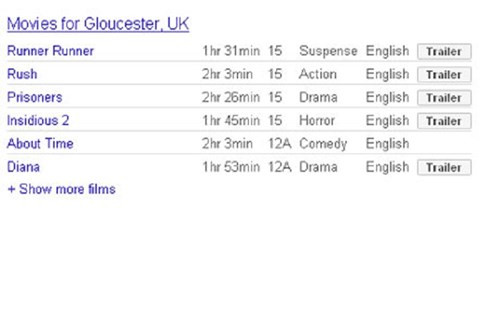 Thông tin về các bộ phim chiếu tại địa phương cũng có thể được Google tiết lộ với cú pháp films kèm theo mã bưu điện nơi bạn sinh sống. Tùy từng nơi mà cách này sẽ cho phép tìm kiếm chính xác đến đơn vị hành chính nước, tỉnh hay quận huyện.