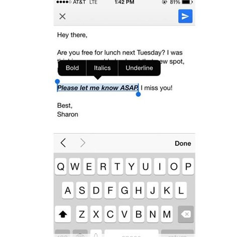 Cách tô đậm, in nghiêng hay gạch nhân ký tự là bạn chọn đoạn văn bản, sau đó giữ cho đến khi cửa sổ cắt/dán hiện lên, nhấn vào mũi tên chọn định dạng.