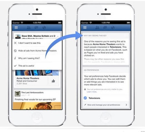 2. Quản lý quảng cáo mà bạn nhìn thấy. Lịch sử duyệt web và các hoạt động trên Facebook của bạn có thể là nguồn tài nguyên các nhà quảng cáo nhắm đến. Do đó, để kiểm soát quảng cáo, bạn có thể kích chuột vào hình chữ “v” ở góc bài đăng, chọn “hide all adds from…” (ẩn tất cả quảng cáo khỏi…) hoặc chọn các tính năng khác.