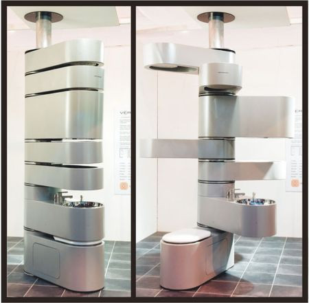 Bồn cầu, chậu rửa mặt, hai ngăn chứa đồ, rồi đến hai vòi hoa sen được lắp đặt ở độ cao khác nhau dành cho trẻ nhỏ và người lớn. Tất cả được lắp đặt trên một trục duy nhất theo kiểu quân đội Thụy Sĩ. Nhờ vậy mà nhà vệ sinh của bạn sẽ trở nên rộng rãi đáng kể.