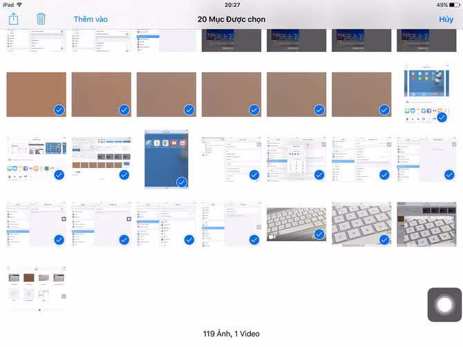  39. Vuốt ngón tay để chọn nhiều ảnh. Một tính năng khá thú vị trong ứng dụng Ảnh trên iOS 9. Sau khi nhấn nút Chọn để chọn nhiều ảnh, bạn có thể lướt ngón tay trên màn hình để chọn nhiều ảnh cùng 1 lúc thay vì bấm từng cái một để chọn như trước kia (giống y chang máy tính luôn). 