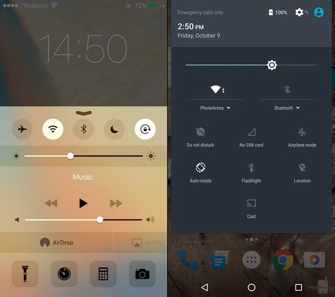 Trung tâm thông báo trên iOS kéo từ dưới lên còn Android 6.0 kéo từ trên xuống. Android 6 còn bổ sung thêm các phím tắt để điều chỉnh các âm thanh khác nhau như âm báo, bàn phím,…