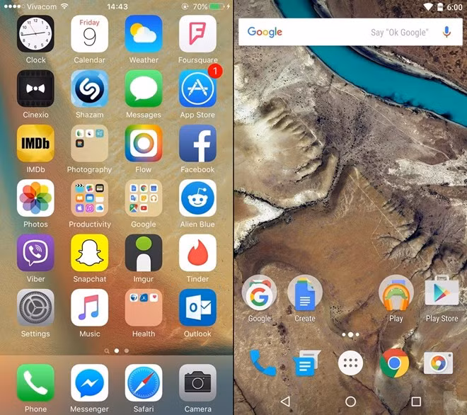 Ở màn hình chính, iOS 9 vẫn trung thành với nguyên lý thiết kế của hãng còn các ứng dụng trên hệ điều hành Android 6 được làm lại.