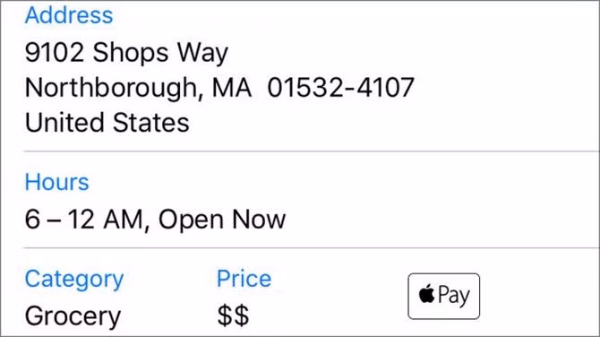  8. Hiển thị các cửa hàng hỗ trợ Apple Pay. Cũng trong tính năng chỉ đường đó, nếu cần đi đến một cửa hàng hay một quán ăn nào đó có hỗ trợ Apple Pay thì biểu tượng Apple Pay cũng sẽ xuất hiện trong phần thông tin của địa điểm đó để bạn dễ dàng nhận biết. 