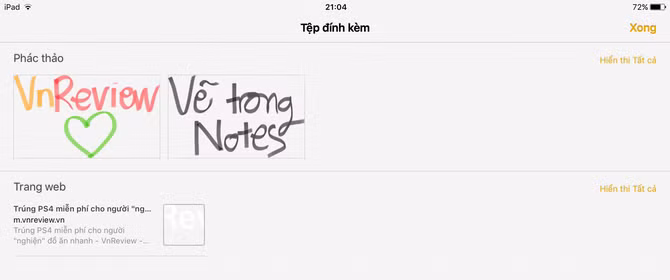 6. Thêm ảnh vào ghi chú. Bạn cũng có thể thêm một tập tin đính kèm (link, hình ảnh, video, …) ngay trong ghi chú của mình. Bạn có thể thêm ảnh vào ghi chú bằng cách nhấp nút hình máy ảnh ở góc màn hình hoặc thêm một liên kết nào đó bằng nút Chia sẻ trong trình duyệt Safari. 
