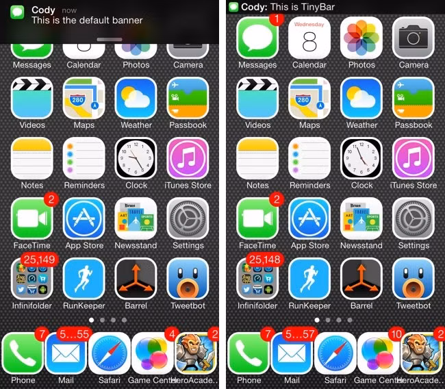 Nếu bạn khó chịu vì banner thông báo trên iOS chiếm quá nhiều diện tích màn hình, có thể cài TinyBar, tweak này khiến thông báo nhỏ lại ngang với dòng Status Bar trên cùng.