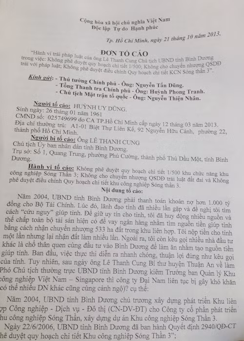 Đơn tố cáo của ông Huỳnh Uy Dũng.