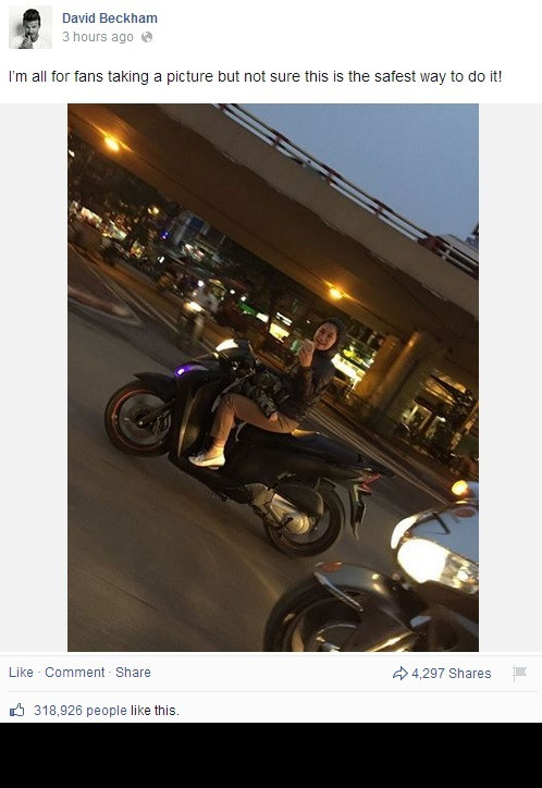 Còn Beckham, anh đăng tấm hình chụp một bà mẹ trẻ chở con bằng xe máy trên phố Hà Nội và giơ điện thoại lên để chụp anh. Bức ảnh gây bão mạng không chỉ bởi sự xuất hiện bất ngờ, có phần "may mắn" của một cô gái trẻ, nhưng cũng gây bất bình bởi cô gái này đã vi phạm luật giao thông và tỏ ra khá coi thường việc bảo vệ an toàn cho đứa trẻ mà cô đang chở trên xe. Cô gái trong bức ảnh tên K.L sẽ bị phạt nguội vì vi phạm luật giao thông.