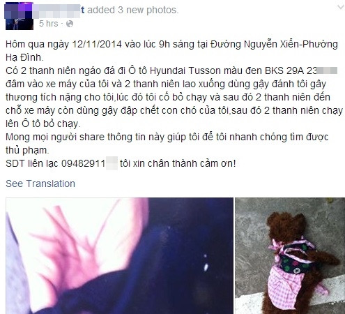 Chàng trai có nickname Long Ka, mới đây lên mạng nhờ cộng đồng truy tìm hai thanh niên côn đồ, gây sự, đuổi đánh mình trên phố. Qua lời kể của Long Ka, được biết hai nam thanh niên này đi ô tô nhưng đã gây tai nạn, sau đó còn đuổi đánh anh và quay lại cầm gậy đập chết chú chó giống Tây đắt tiền của anh.