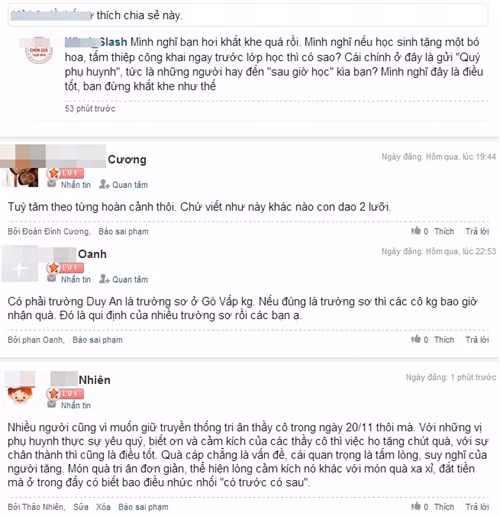 Cư dân mạng, các vị phụ huynh đưa ra những bình luận phân tích cái lợi - hại của việc đưa ra bảng thông báo xin không nhận quà.