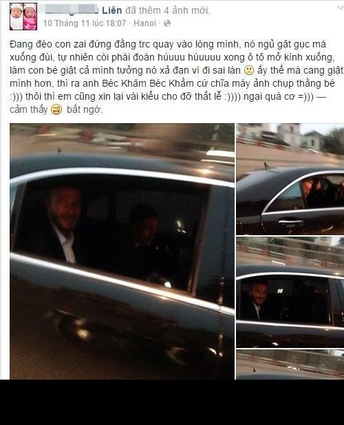 K.L được Beckham chụp ảnh khi đang đi xe máy và tò mò chụp ảnh khi anh xuất hiện. Phát hiện ra Beckham đang chụp hai mẹ con mình, K.L cũng chụp lại chàng cầu thủ đang ngồi trong xe và khoe lên mạng kèm một câu chuyện hài hước.