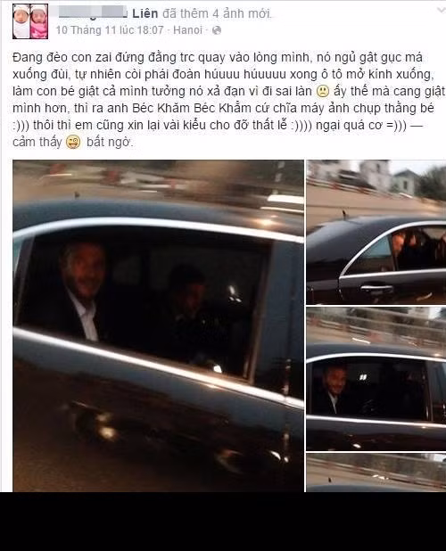 K.L được Beckham chụp ảnh khi đang đi xe máy và tò mò chụp ảnh khi anh xuất hiện. Phát hiện ra Beckham đang chụp hai mẹ con mình, K.L cũng chụp lại chàng cầu thủ đang ngồi trong xe và khoe lên mạng kèm một câu chuyện hài hước.