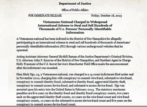 Thông báo về vụ án của hacker Ngô Minh Hiếu trên website của Bộ Tư pháp Mỹ.