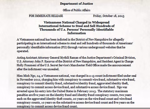 Thông báo về vụ án của hacker Ngô Minh Hiếu trên website của Bộ Tư pháp Mỹ.