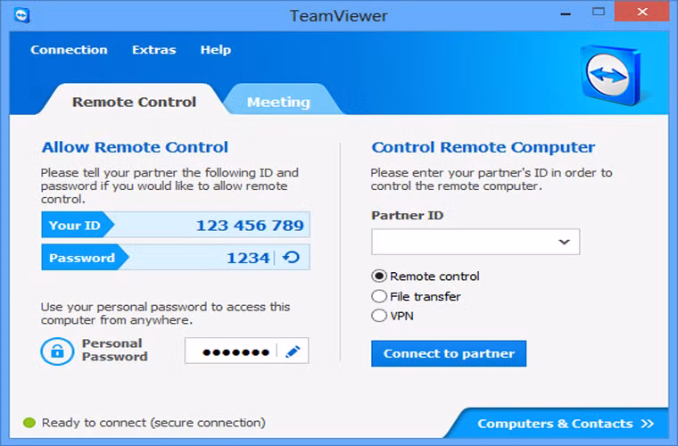 Điều khiển máy tính từ xa: TeamViewer. Nếu đang muốn giúp ai đó xử lý các vấn đề về máy tính mà không thể đến chỗ họ, hãy cài đặt TeamViewer. Chỉ cần cả 2 máy đều cài đặt phần mềm này và chia sẻ mật khẩu cho nhau, bạn có thể xem và quản lý máy tính của bạn mình như thể bạn đang ngồi trước nó. Phiên bản dành cho Windows 8, TeamViewer Touch, được cung cấp hoàn toàn miễn phí. Chương trình hoạt động trên nhiều nền tảng khác nhau như PC, Mac, Linux và thậm chí trên các hệ điều hành di động như iOS, Android và Windows Phone 8.