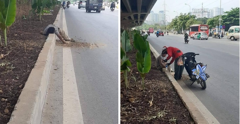 Xuc dong tai xe xe om cham soc nguoi dan ong doi la nam ben duong