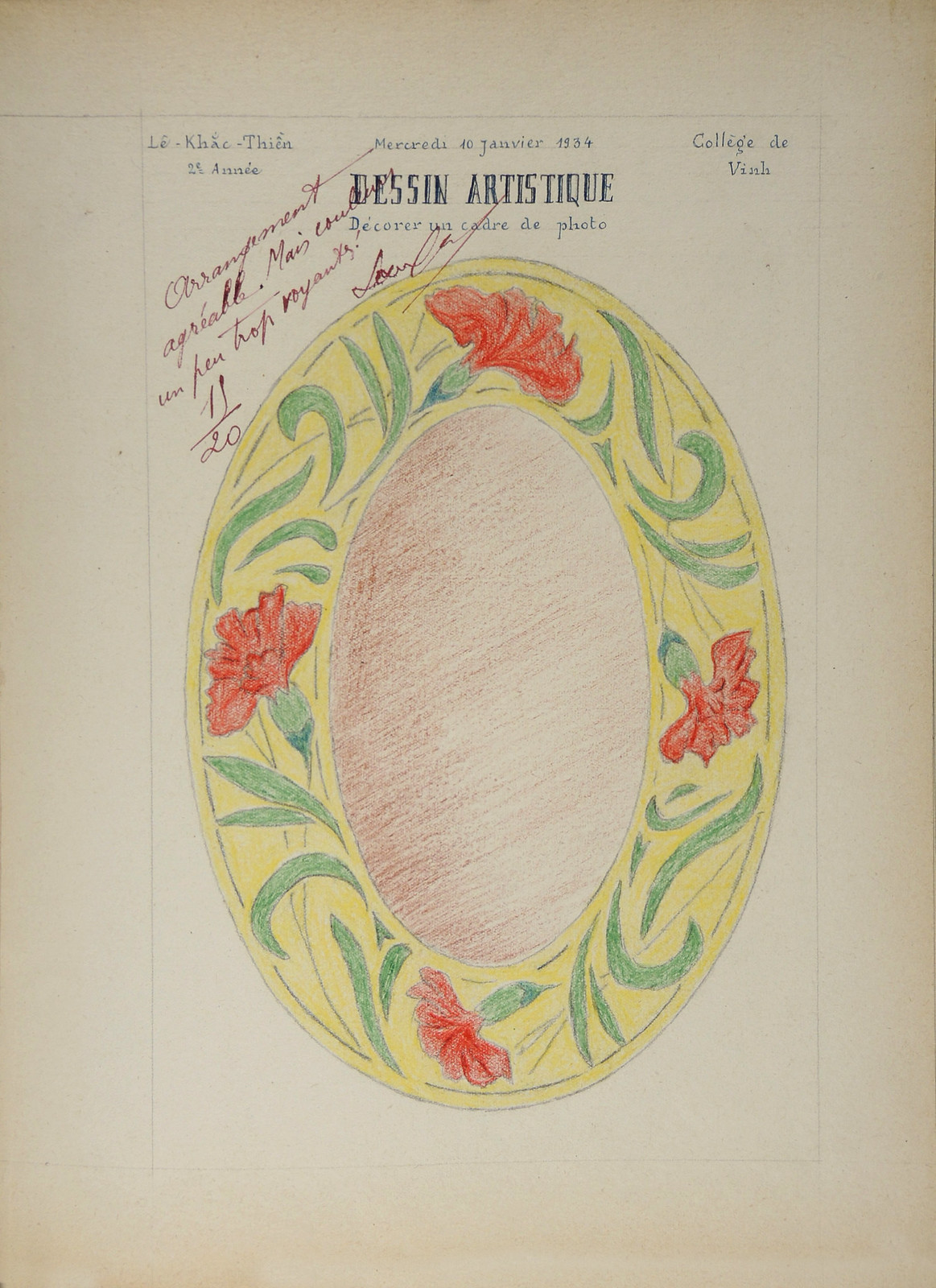 Khung ảnh trang trí hoa lá, tranh của Lê Khắc Thiền, 18(?)/20 điểm.