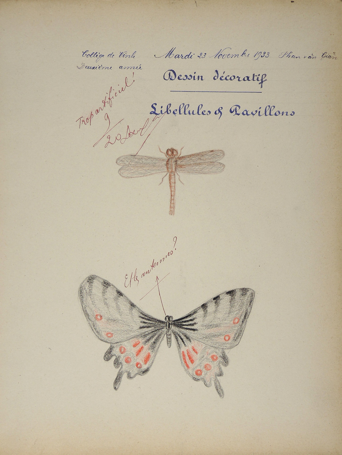 Bướm và chuồn chuồn, tranh của Phan Văn Giản, 9/20 điểm. Lời phê: "Râu của nó (con bướm) đâu mất rồi?".