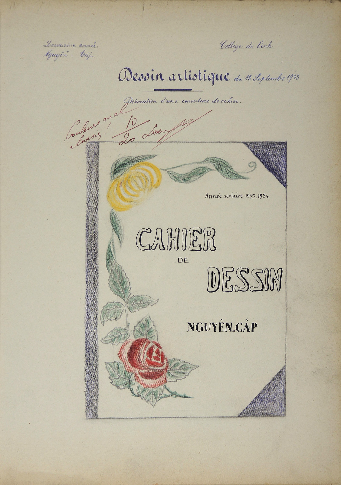 Cuốn sổ tay với bìa được vẽ trang trí bằng tay, tranh của Nguyễn Bắp (?), 10/20 điểm.