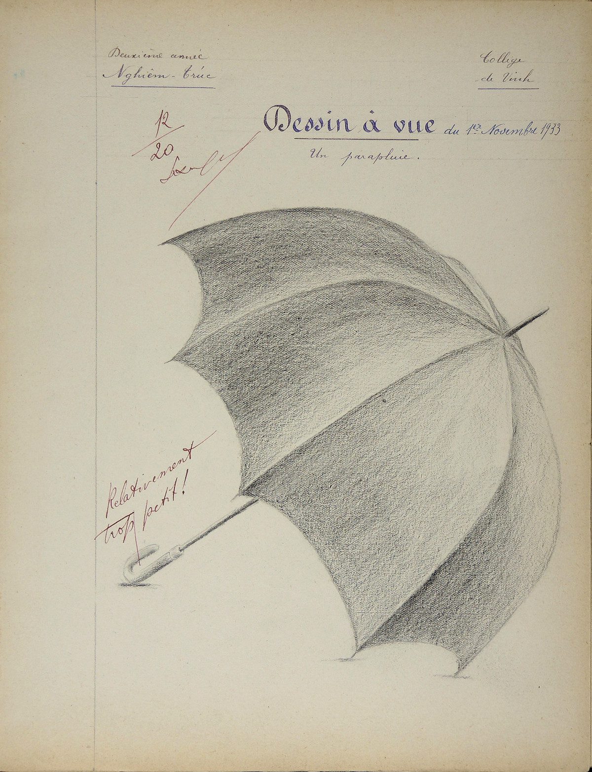 Chiếc ô (dù), tranh của Nghiêm Trúc, 12/20 điểm. Lời phê: Cán ô hơi nhỏ.