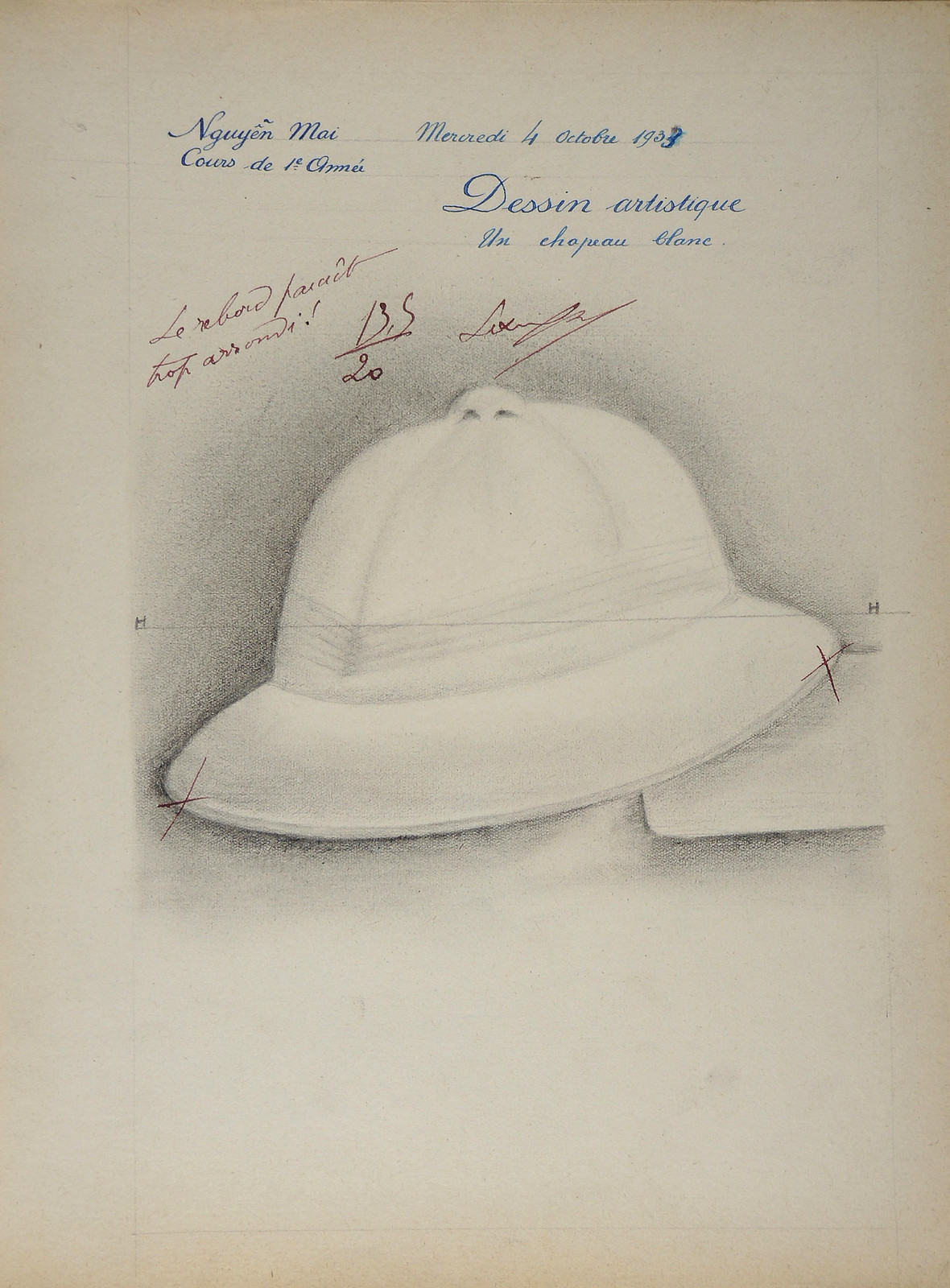 Mũ cối màu trắng, bài tập vẽ mỹ thuật của Nguyễn Mai, 13,5/20 điểm.