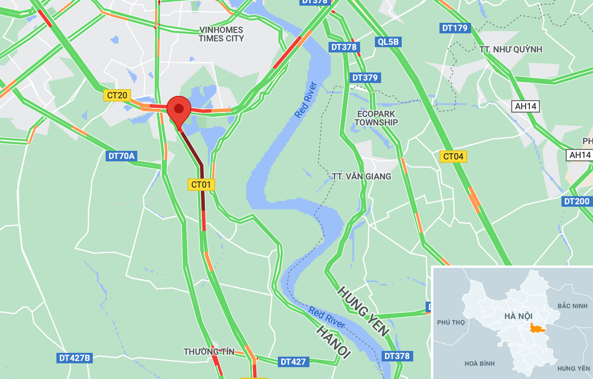 Dữ liệu từ Google Maps cho thấy cửa ngõ phía nam Hà Nội ùn tắc kéo dài lúc 17h30. Ảnh: Google Maps.