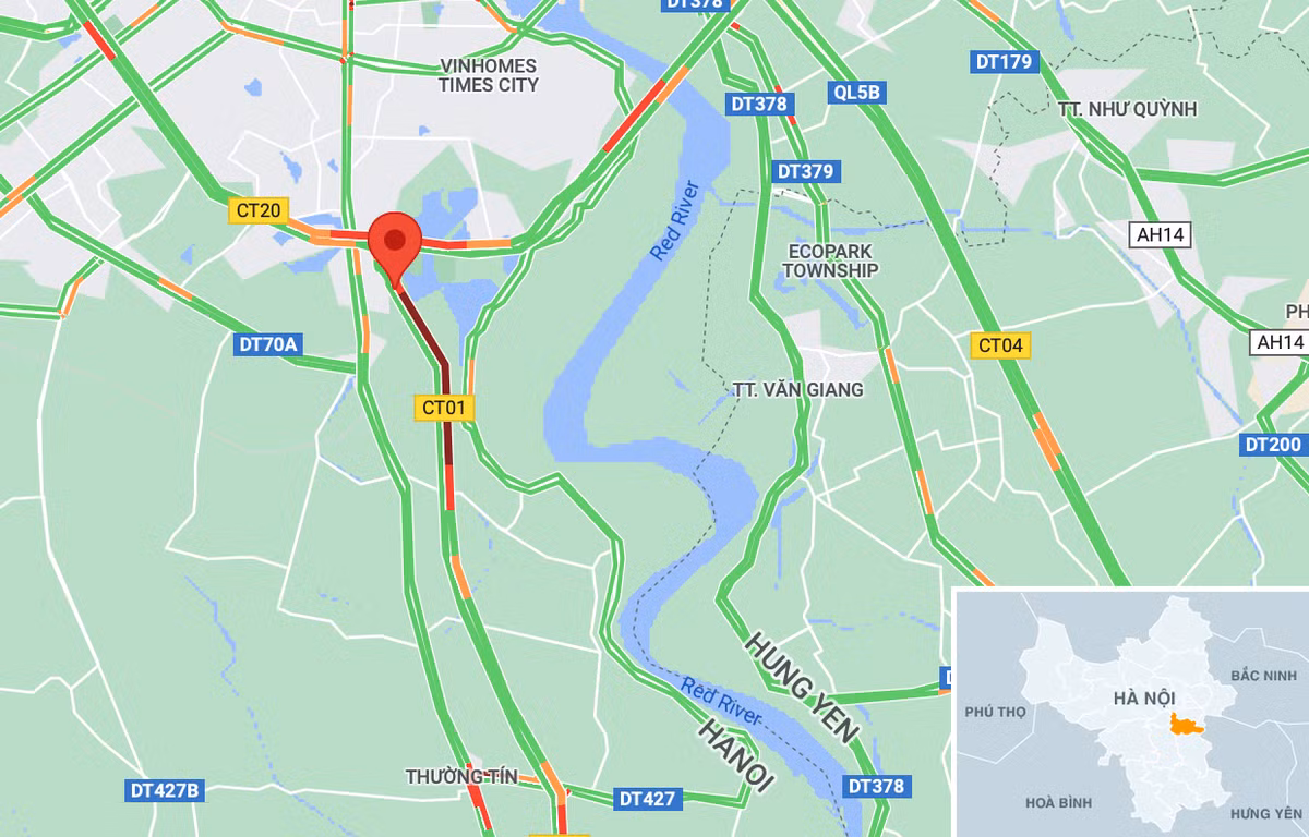 Dữ liệu từ Google Maps cho thấy cửa ngõ phía nam Hà Nội ùn tắc kéo dài lúc 17h30. Ảnh: Google Maps.
