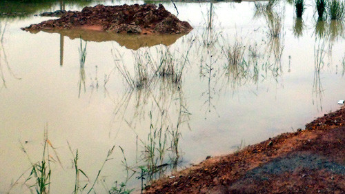 Hố sâu nơi người dân phát hiện thi thể 2 cháu bé nổi trên mặt nước.