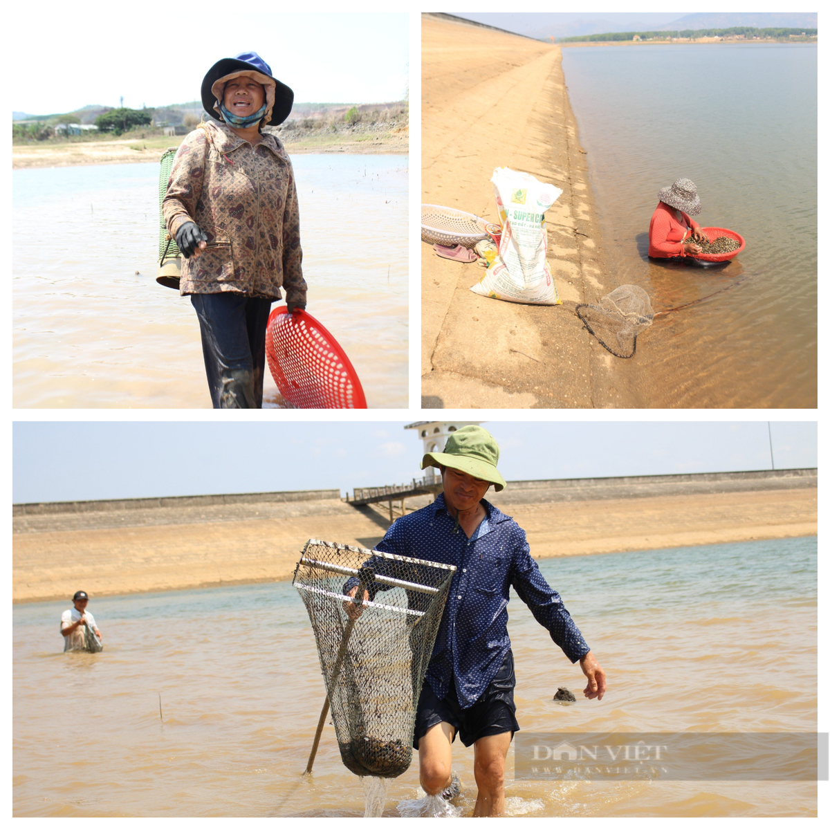 Dụng cụ được người dân mang theo là vợt, thau, rổ... rồi ngâm mình dưới dòng nước hồ mát lạnh hàng giờ liền để bắt hến.