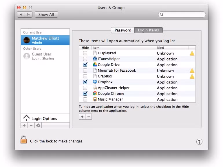 Nếu Macbook của bạn khởi động chậm, vấn đề có thể là có quá nhiều ứng dụng tự động mở nên máy không thể tải hệ điều hành một cách kịp thời. Để tránh tình trạng này, bạn vào System Preferences > Users &amp; Groups và sau đó nhấn vào tab Login Items để xem danh sách các ứng dụng đóng mở khi bạn khởi động máy. Bỏ chọn các ứng dụng không cần thiết.