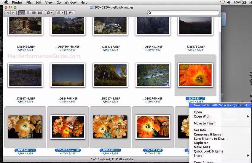 Đối với những người có màn hình lộn xộn, đầy những thư mục khó tìm, chỉ cần đánh dấu hoặc click vào các tập tin mà bạn muốn nhóm lại, kích chuột phải và chọn “New folder with selection” để tạo một thu mục chứa tất cả các tập tin mà bạn vừa chọn.