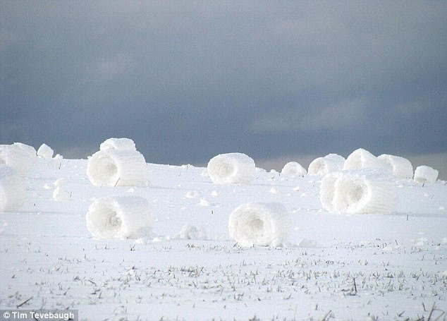 Những chiếc bánh donut hoàn hảo bằng tuyết được tạo thành ở vùng đồng bằng Nam Idaho, Mỹ. Chúng thường có kích cỡ khổng lồ, đôi khi lên tới hơn 0,6m chiều cao.