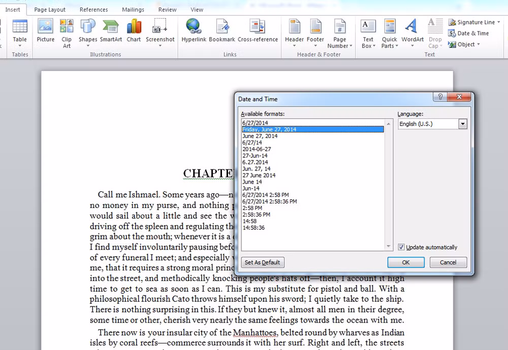 Trong tab Insert, nhấn vào nút Date &amp; Time, một cửa sổ pop-up sẽ xuất hiện. Nhấp chọn định dạng ngày tháng mà bạn muốn và sau đó chọn “update automatically” ở góc dưới bên phải, Word sẽ tự động cập nhật ngày tháng cho bạn. 