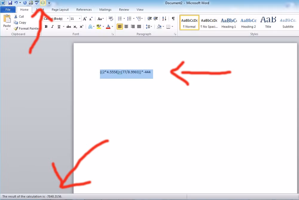 Để có thể tính toán ngay trên màn hình Word mà bạn đang nhập văn bản, hãy vào File > Options > Quick Access Toolbar, chọn All Commands và click vào lệnh Calculate và nhấn Add sang cột Quick Access Toolbar. Bây giờ, nếu bạn đánh dấu phương trình trên văn bản và nhấp vào vòng tròn trên thanh Ribbon, bạn sẽ thấy được kết quả của phép tính đó.