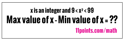 Tính hiệu số giữa giá trị lớn nhất và nhỏ nhất của x biết rằng x là số nguyên và 9 &lt; x2 &lt; 99. Bài toán này có vẻ đánh đố bất kỳ học sinh trung học nào.