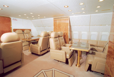 Cabin rộng rãi với ghế ngồi bọc da êm ái để tổng thống và thành viên trong đoàn tháp tùng có thể thoải mái chuyện trò hoặc bàn bạc công việc.