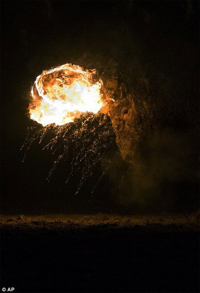 Các chú bò tót sẽ được gắn hai thanh gỗ nhỏ tẩm dầu hỏa quanh sừng.