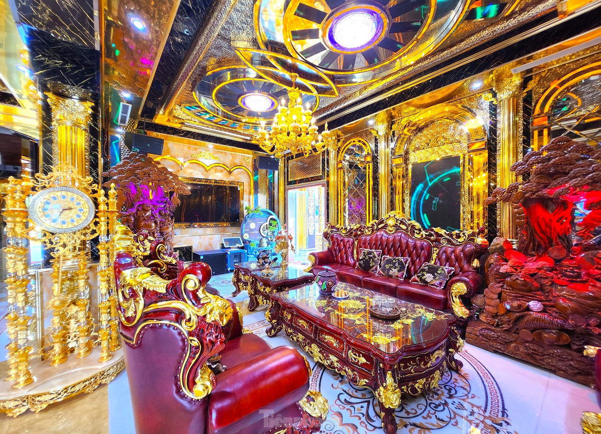 Bước vào cửa, chủ tòa lâu đài thiết kế không gian phòng khách với bộ bàn ghế bằng gỗ lớn ở phía bên trái. Đối diện phòng khách là khu vực hát karaoke với nội thất bắt mắt.