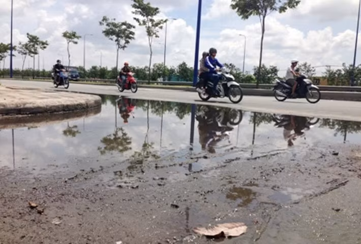 ...và đóng rêu xanh gây trơn trượt nguy hiểm cho người đi đường cũng đang tồn tại trên đường Mai Chí Thọ (Đại lộ Đông Tây), quận 2-TP.HCM.