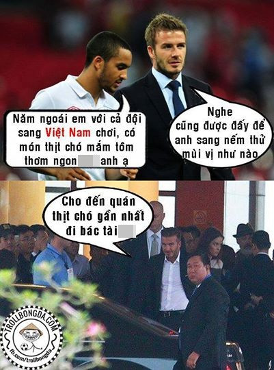 Cư dân mạng cũng tiện tay chế luôn bức ảnh Theo Walcott - người đàn em của Beck đã đến Việt Nam năm ngoái dụ dỗ Beck đến "Việt Nam là phải ăn thịt chó".