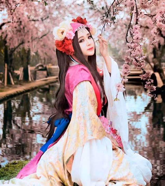 Hay một tiểu thư dạo chơi ngắm cảnh trong vườn xuân.