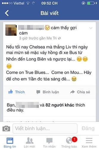 Dòng trạng thái cá cược của anh chàng hứa sẽ mặc váy nếu Chelsea thắng.