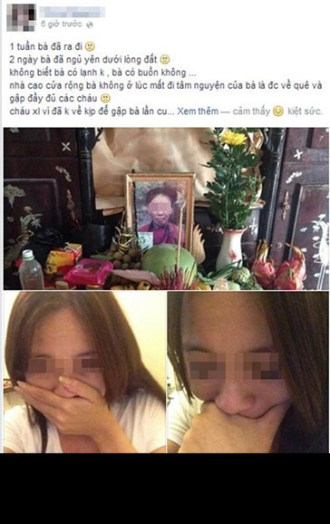 Không lâu sau đó, cô nàng tiếp tục đăng bức ảnh "tự sướng" với di ảnh của bà cùng dòng trạng thái mùi mẫn: "1 tuần bà đã ra đi. 2 ngày bà đã ngủ yên dưới lòng đất, không biết bà có lạnh không, bà có buồn không... nhà cao cửa rộng bà không ở lúc mất đi tâm nguyện của bà là được về quê và gặp đầy đủ các cháu, cháu xin lỗi vì đã không về kịp để gặp bà lần cuối...". Tuy dòng trạng thái được viết rất tình cảm nhưng lại hứng chịu vô số gạch đá của cư dân mạng bởi sự phản cảm.