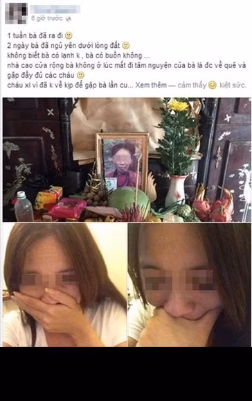 Không lâu sau đó, cô nàng tiếp tục đăng bức ảnh "tự sướng" với di ảnh của bà cùng dòng trạng thái mùi mẫn: "1 tuần bà đã ra đi. 2 ngày bà đã ngủ yên dưới lòng đất, không biết bà có lạnh không, bà có buồn không... nhà cao cửa rộng bà không ở lúc mất đi tâm nguyện của bà là được về quê và gặp đầy đủ các cháu, cháu xin lỗi vì đã không về kịp để gặp bà lần cuối...". Tuy dòng trạng thái được viết rất tình cảm nhưng lại hứng chịu vô số gạch đá của cư dân mạng bởi sự phản cảm.