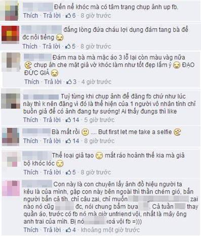 Rất nhiều bình luận lên án, chỉ trích hành động "đạo đức giả" của H.N như: "Đến nể, khóc mà vẫn có tâm trạng chụp ảnh up Facebook", "Đám ma bà mà mặc áo ba lỗ, lại còn màu vàng nữa, chụp ảnh che mặt giả vờ khóc làm như tốt đẹp lắm!". Một số khác thì cho rằng, không thích không ưa cốt nhất không quan tâm.
