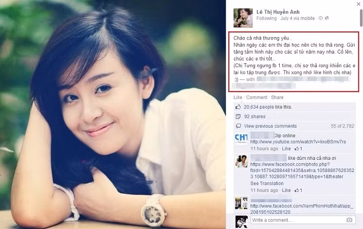 Lời chúc các sĩ tử của cô nàng cách đây 1 năm.